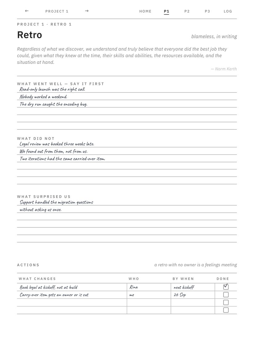 Project Planner page, filled in by hand