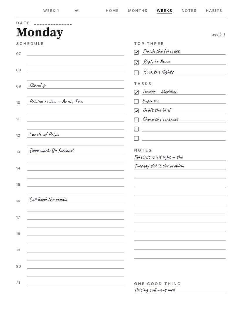 Undated Weekly System page, filled in by hand
