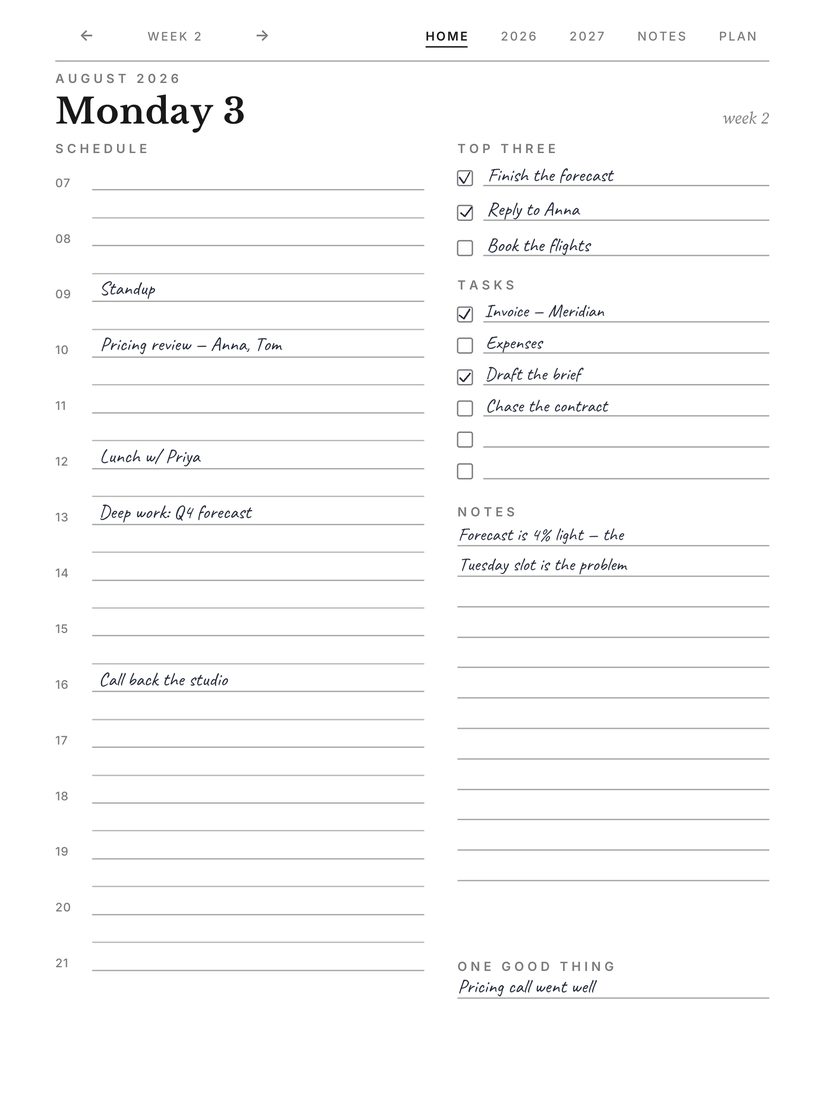 Daily Planner 2026-2027 page, filled in by hand