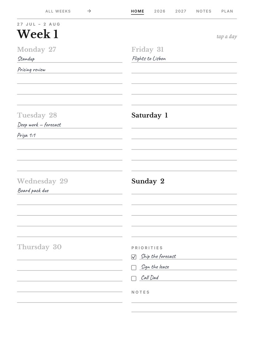 Daily Planner 2026-2027 — week page