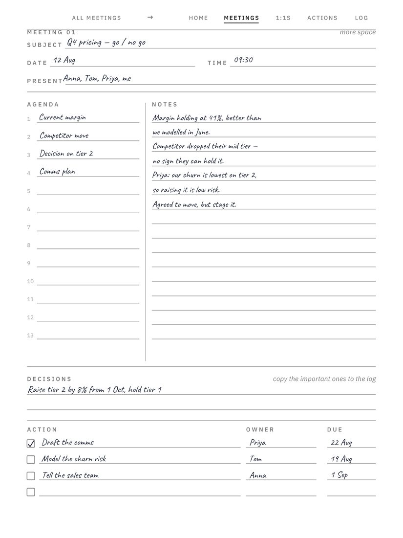 Meeting Notes System page, filled in by hand