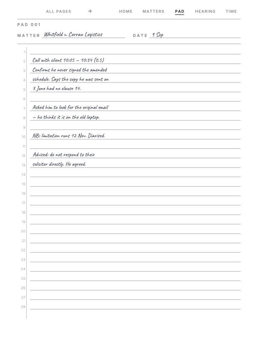 Legal Pad Pro page, filled in by hand
