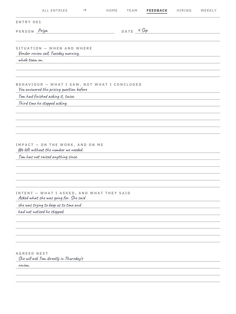 Managers Pack page, filled in by hand